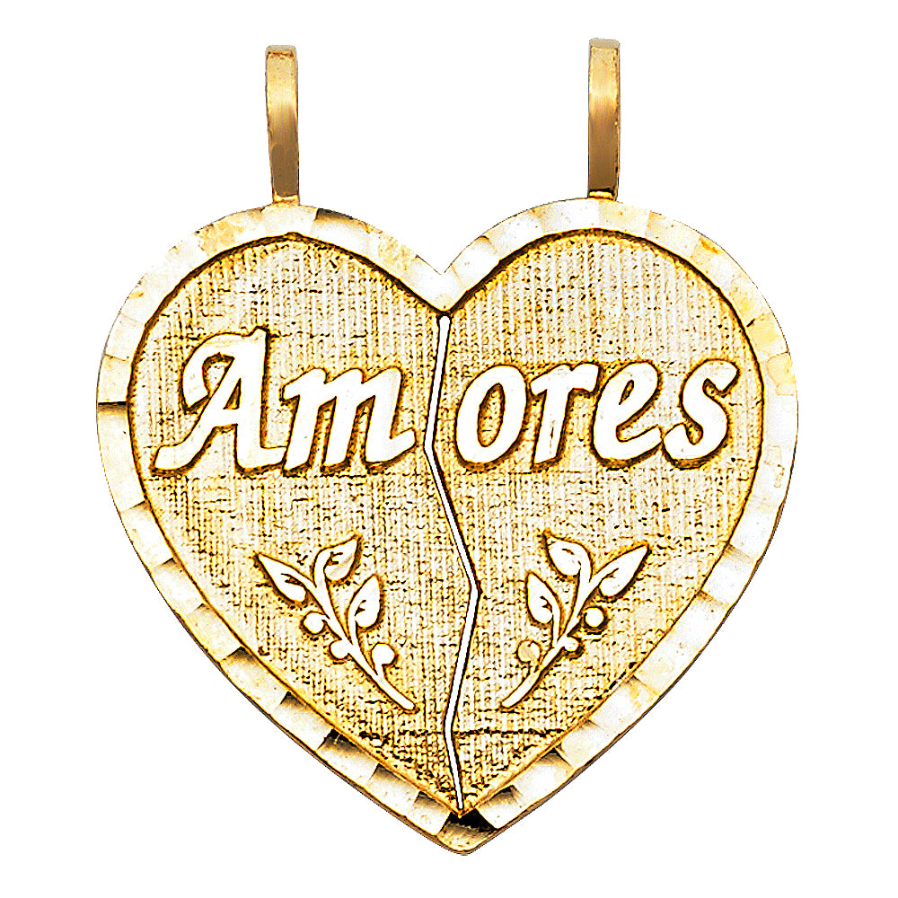 14k Yellow Gold Romantic Break Apart Amores Lovers Heart Pendant Couples Charm