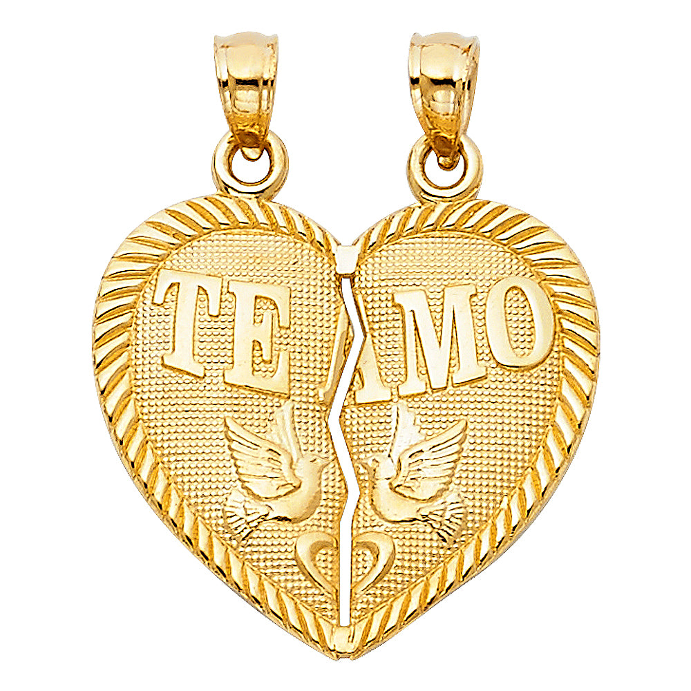 14k Yellow Gold Love Birds Separating Hearts Te Amo I Love You Pendant Charm