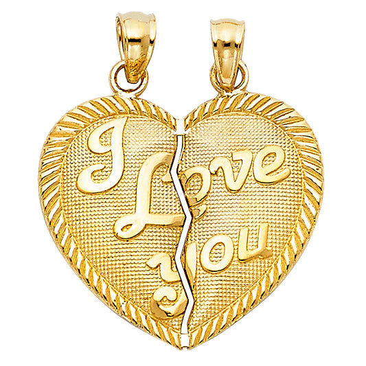 14k Yellow Gold Couples Heart I Love You Pendant Diamond-Cut Romantic Gift Charm