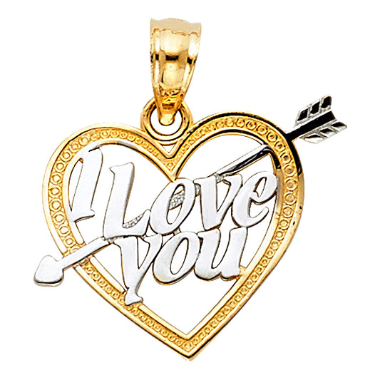 14k Yellow & White Gold Cupid's Arrow I Love You Heart Pendant True Love Charm