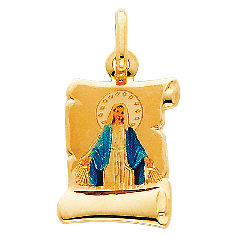 14k Yellow Gold Virgin Mary Scroll Pendant High Polish Mother of Jesus Charm