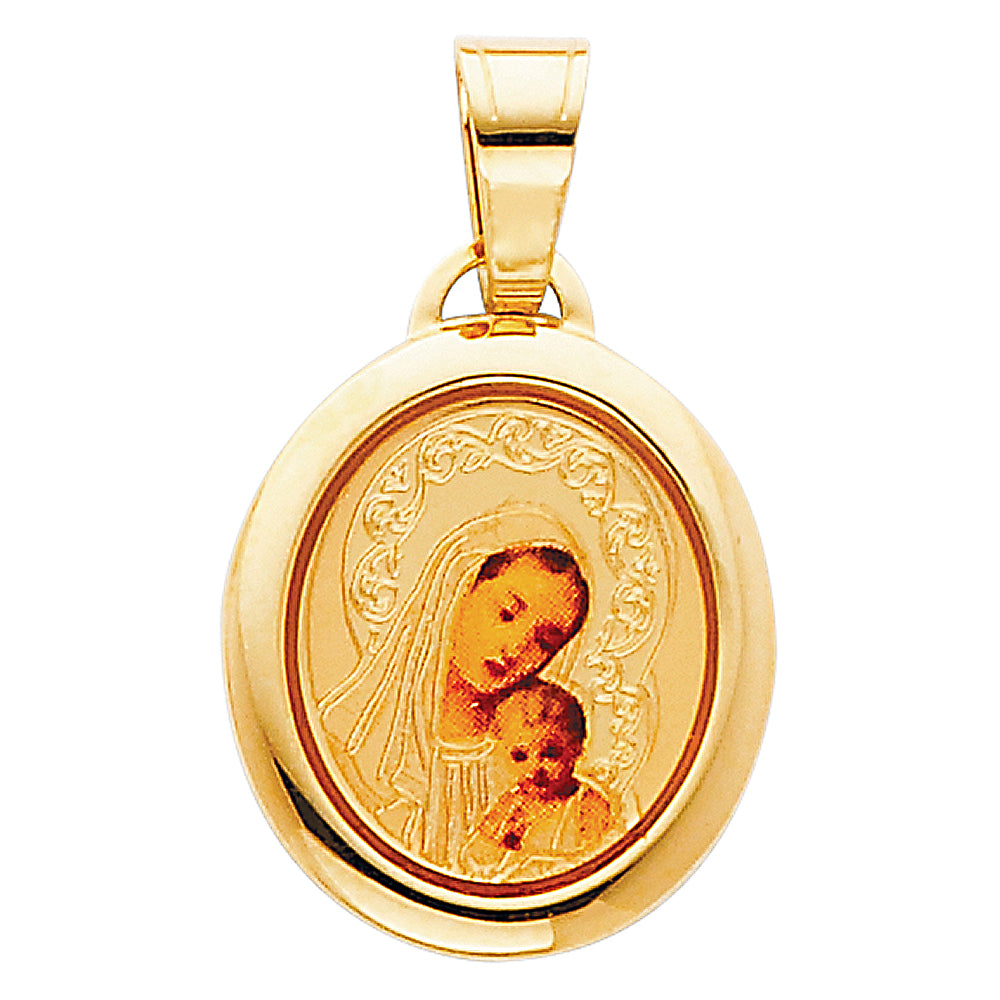 14k Yellow Gold Blessed Virgin Mary and Baby Jesus Pendant Miracle Charm
