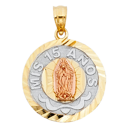 14k Tri-Color Gold Celebrating 15 Anos Years Saint Mary Quinceanera Gift Pendant