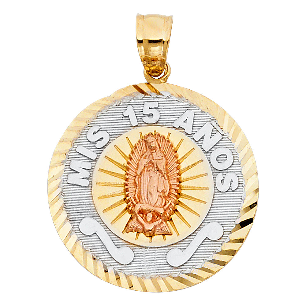 14k Tri-Color Gold Mis 15 Anos Years Saint Mary Quinceanera Gift Pendant