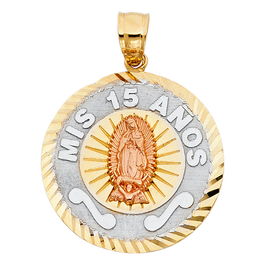 14k Tri-Color Gold Mis 15 Anos Years Saint Mary Quinceanera Gift Pendant