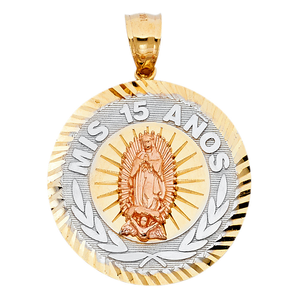 14k Tri-Color Gold Celebrating 15 Anos Years Saint Mary Quinceanera Gift Pendant