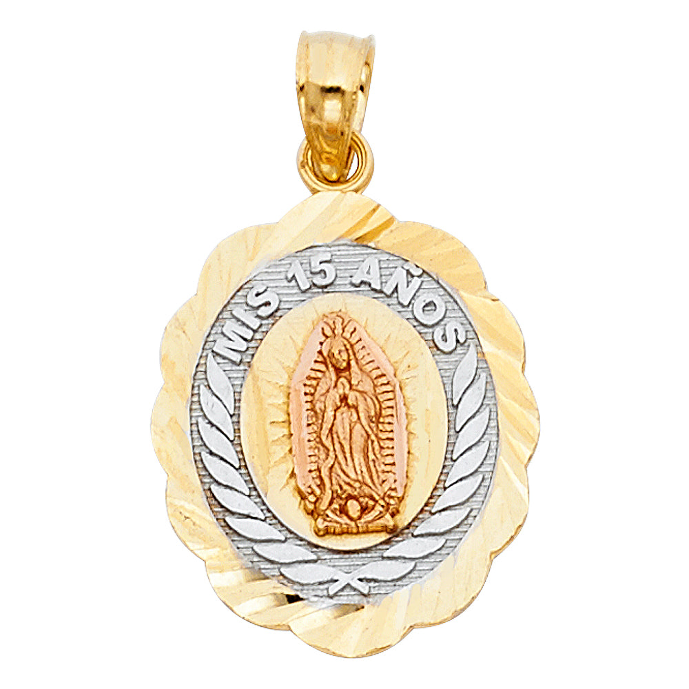 14k Tri-Color Gold Celebrating 15 Anos Years Saint Mary Quinceanera Gift Pendant