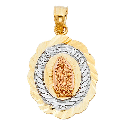 14k Tri-Color Gold Celebrating 15 Anos Years Saint Mary Quinceanera Gift Pendant