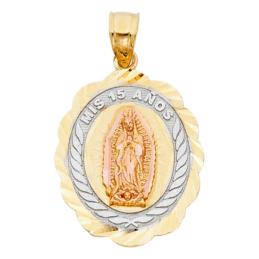 14k Tri-Color Gold Celebrating 15 Anos Years Saint Mary Quinceanera Gift Pendant