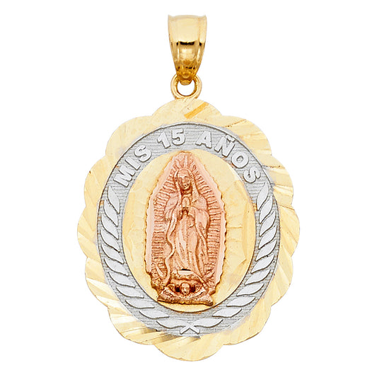 14k Tri-Color Gold Celebrating 15 Years Saint Mary Quinceanera Gift Pendant