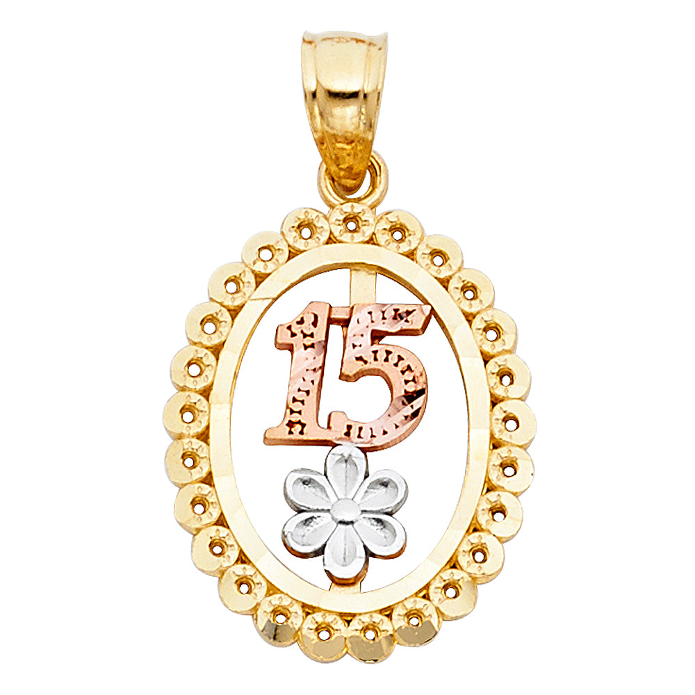 14k Tri-Color Gold Ornate 15 Oval Pendant Quinceanera Fifteenth Birthday Charm
