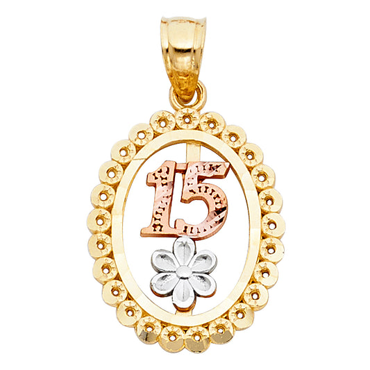 14k Tri-Color Gold Ornate 15 Oval Pendant Quinceanera Fifteenth Birthday Charm