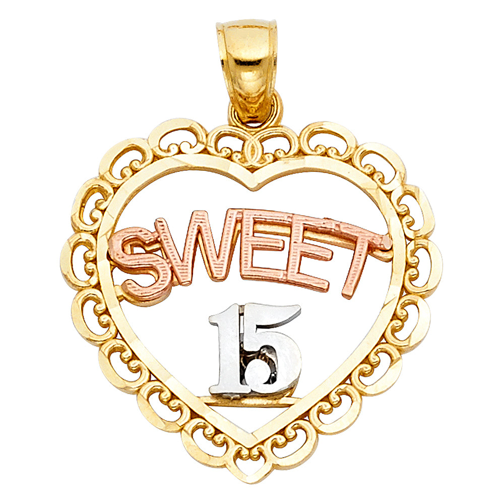 14k Tri-Color Gold Ideal Gift Sweet 15 Quinceanera Heart Pendant Birthday Charm