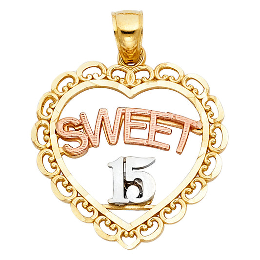 14k Tri-Color Gold Ideal Gift Sweet 15 Quinceanera Heart Pendant Birthday Charm