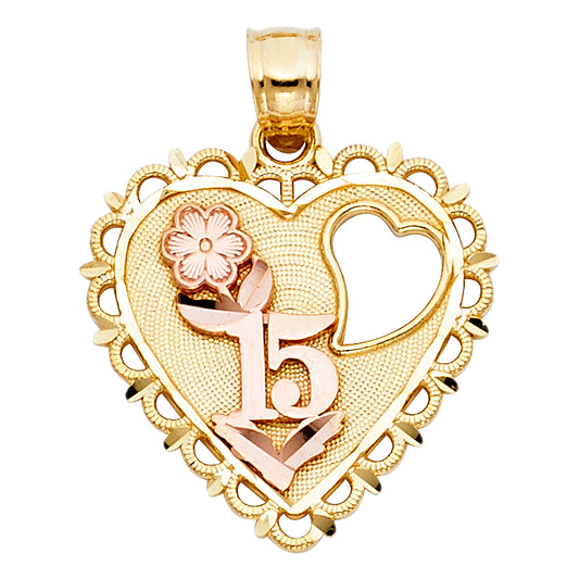 14k Two-Color Gold Gift for Girls Quinceanera Sweet 15 Quinceanera Heart Pendant