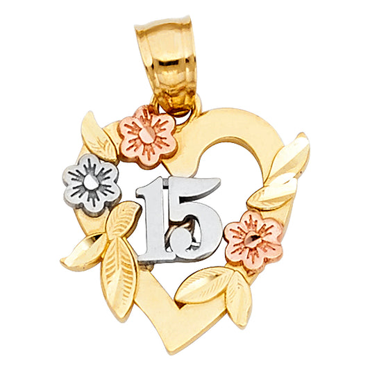 14k Tri-Color Gold Gift for Girls Sweet 15 Quinceanera Heart Flowers Pendant