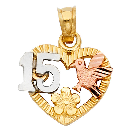 14k Two-Color Gold Gift for Girls Quinceanera Sweet 15 Quinceanera Heart Pendant