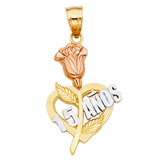 14k Tri-Color Gold Gift for Girls Quinceanera Sweet 15 Quinceanera Heart Pendant