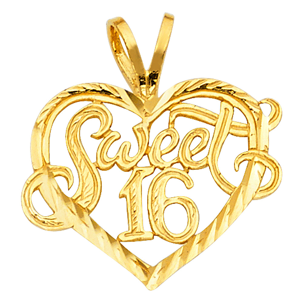 14k Yellow Gold 16 Year old Girls B-Day Sweet 16 Birthday Gift Pendant Charm
