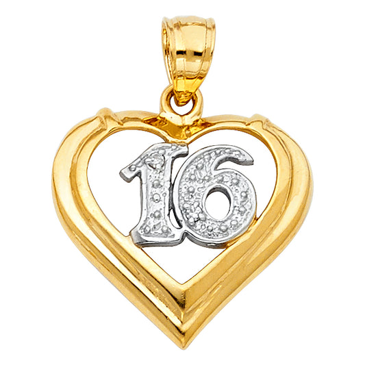 14k Two-Color Gold 16 Year old Girl's Birthday Sweet Sixteen Heart Pendant Charm