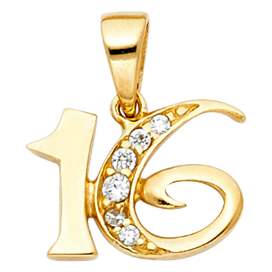 14k Yellow Gold Sweet Sixteen Pendant 16 Years Old Clear CZ Number Fashion Charm