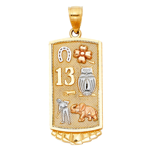 14k Tri-Color Gold Good Luck Charm Pendant Lucky 13 Shamrock Clover