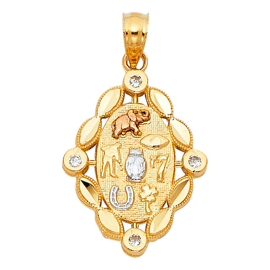 14k Tri-Color Gold Ornate Good Luck Charm Pendant Marquise Border Owl 7