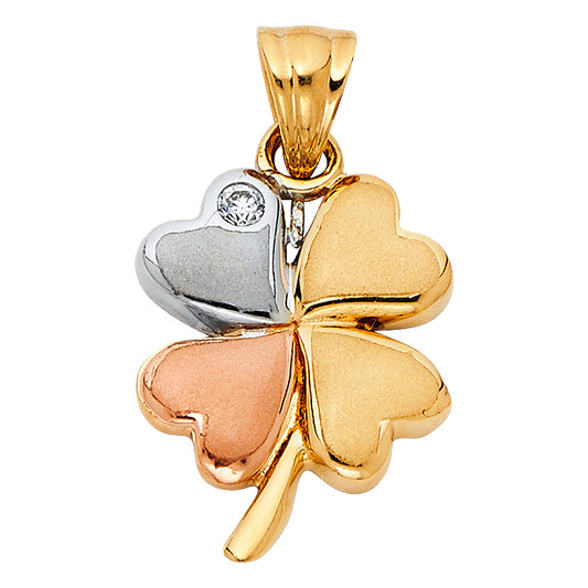 14k Tri-Color Gold Four Leaf Clover Pendant Shamrock Lucky Clear CZ Charm