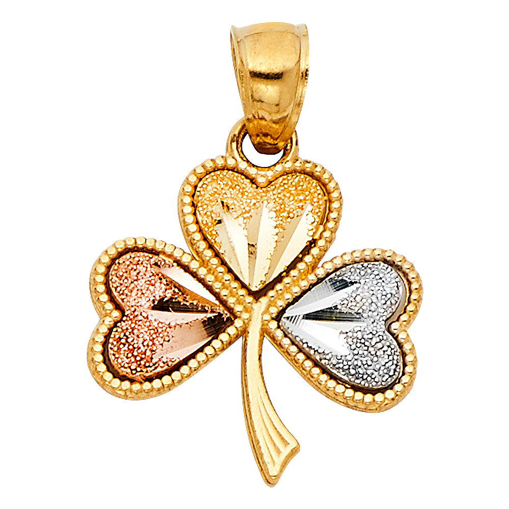 14k Tri-Color Gold Shamrock Pendant Heart Clover Lucky Irish Love Charm
