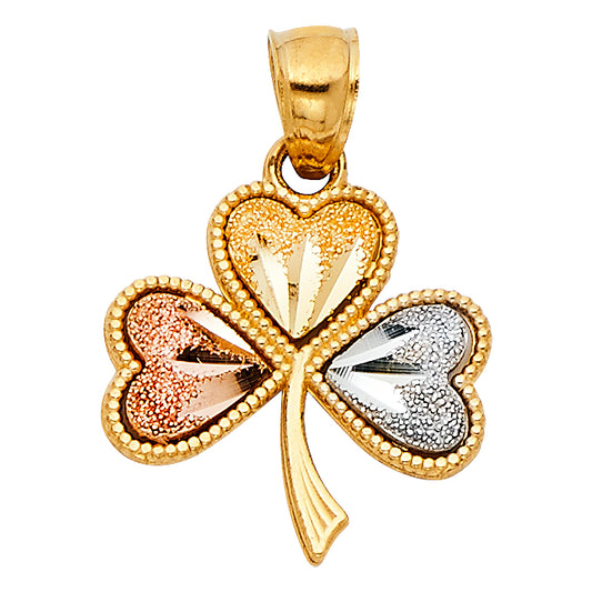 14k Tri-Color Gold Shamrock Pendant Heart Clover Lucky Irish Love Charm