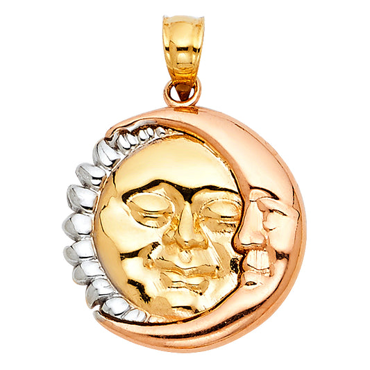 14k Tri-Color Gold Star & Moon Pendant Happy Faces Sleeping Space Sun Charm