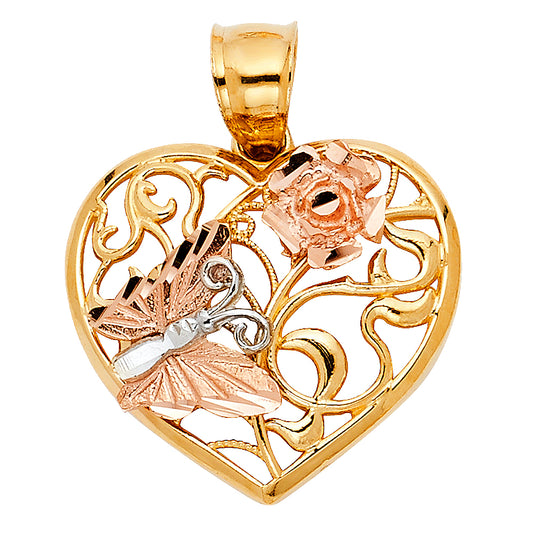 14k Tri-Color Gold Ornate Design Butterfly Heart with Rose Pendant Fancy Charm