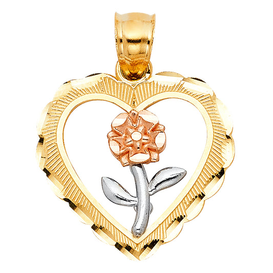 14k Tri-Color Gold Floating Flower Long Stem Rose Heart Pendant Elegant Charm
