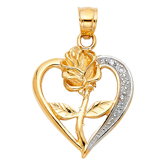 14k Two-Color Gold Clear CZ Rose Beautiful 3D Heart Pendant Romantic Gift Charm