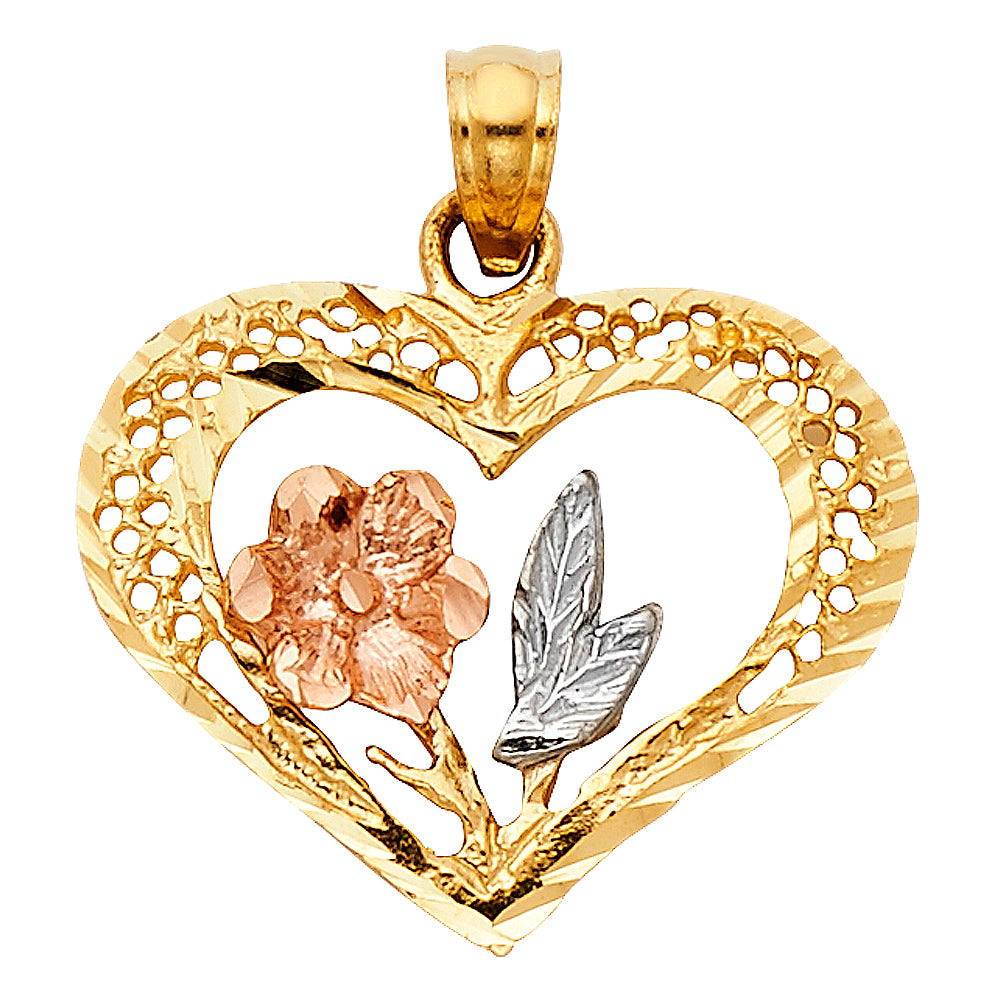 14k Tri-Color Gold 3D Precision-Cut Romantic Rose Heart Pendant I Love You Charm