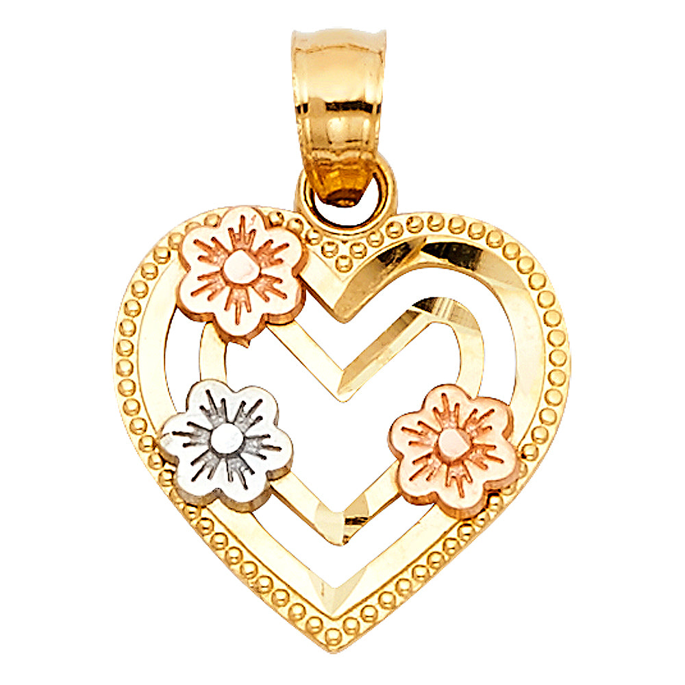 14k Tri-Color Gold Double Plumeria Heart Pendant Blooming Love Diamond-Cut Charm
