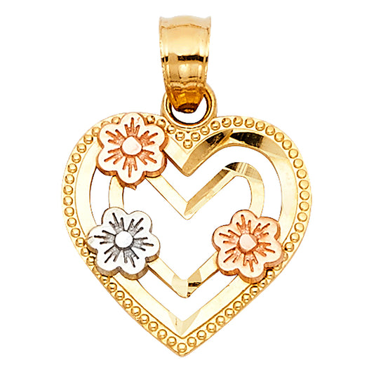 14k Tri-Color Gold Double Plumeria Heart Pendant Blooming Love Diamond-Cut Charm