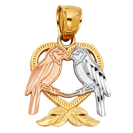 14k Tri-Color Gold Couples Love Birds Heart Pendant True Love Lovers Charm