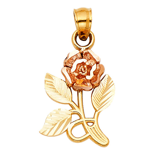 14k Two-Color Gold Vintage Flower Pendant Rose Leaf Nature Garden Love Charm