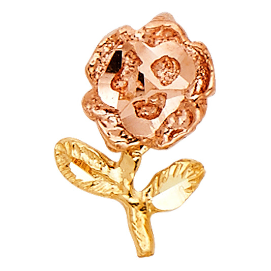 14k Two-Color Gold Grooved Vintage Rose Pendant Flower Leaf Blossom Charm