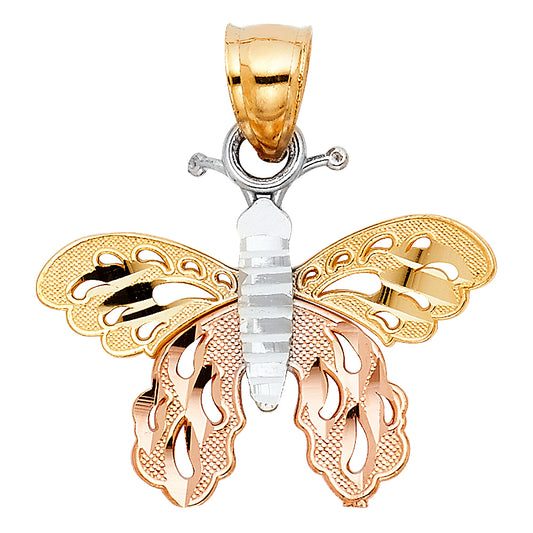 14k Tri-Color Gold Monarch Flying Butterfly Pendant Moth Graceful Insect Charm