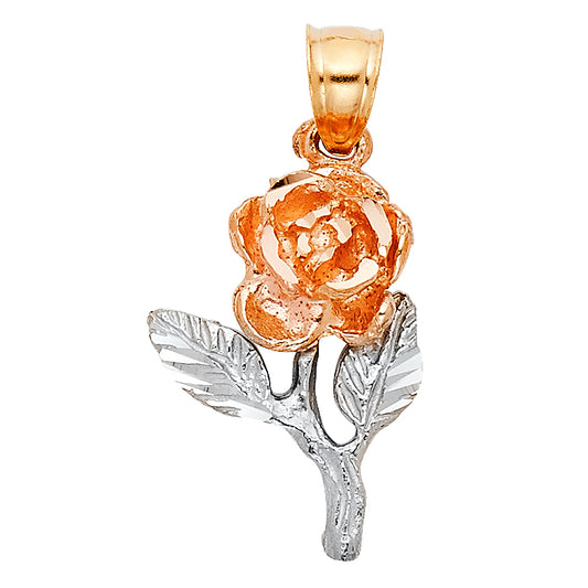 14k Two-Color Gold Elegant Vintage Red Rose Pendant Flower Leaf Love Charm