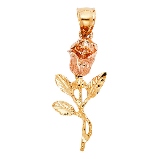 14k Two-Color Gold Elegant Vintage Rose Bud Pendant Leaf Vine Flower Charm