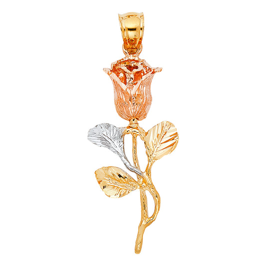 14k Tri-Color Gold Romantic Long Stem Rose Pendant Flower Blossom Love Charm