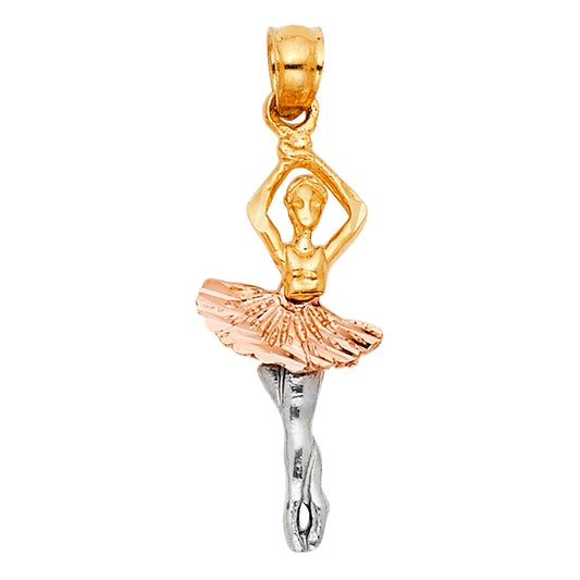 14k Tri-Color Gold Ballerina Pendant Dancer Tutu Pointe Shoes Ballet Charm