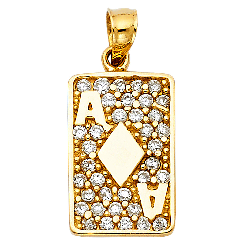 14k Yellow Gold Clear CZ Ace of Diamonds Pendant A Playing Card Poker Charm