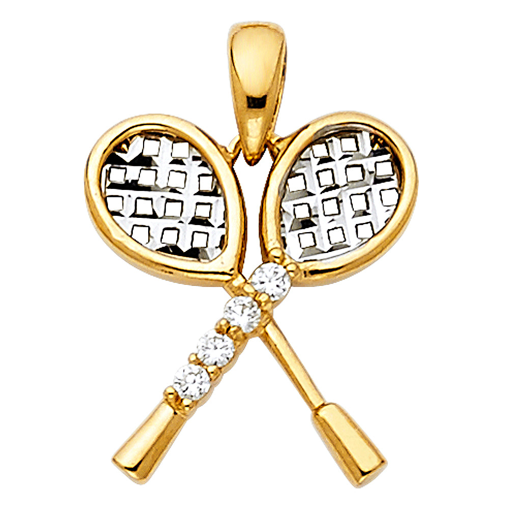 14k Yellow & White Gold Pair of Racquets Tennis Racket Pendant Clear CZ Charm