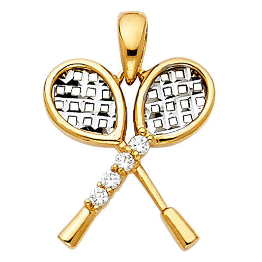 14k Yellow & White Gold Pair of Racquets Tennis Racket Pendant Clear CZ Charm
