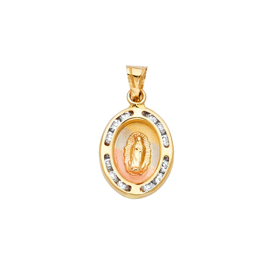 14k Yellow Gold Lady of Guadalupe Pendant Clear CZ Oval Christian Catholic Charm