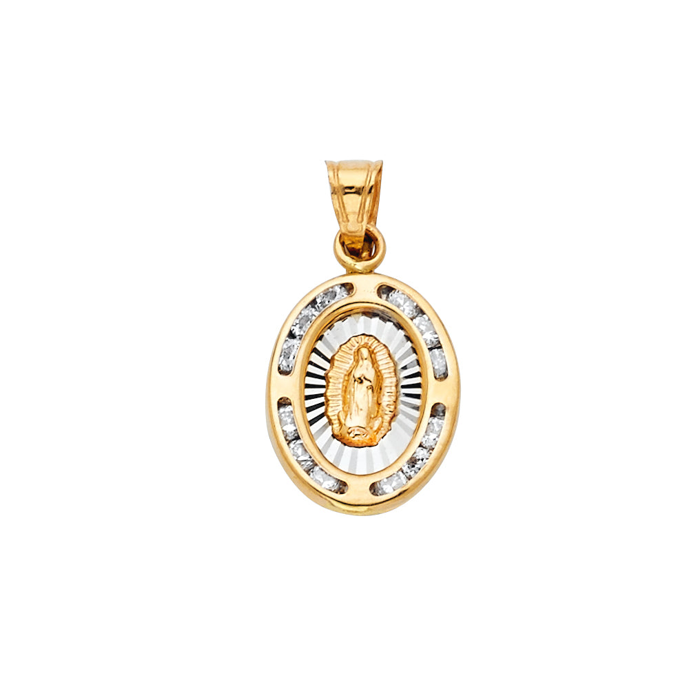 14k Yellow Gold Our Lady of Guadalupe Pendant Studded Oval God Catholic Charm